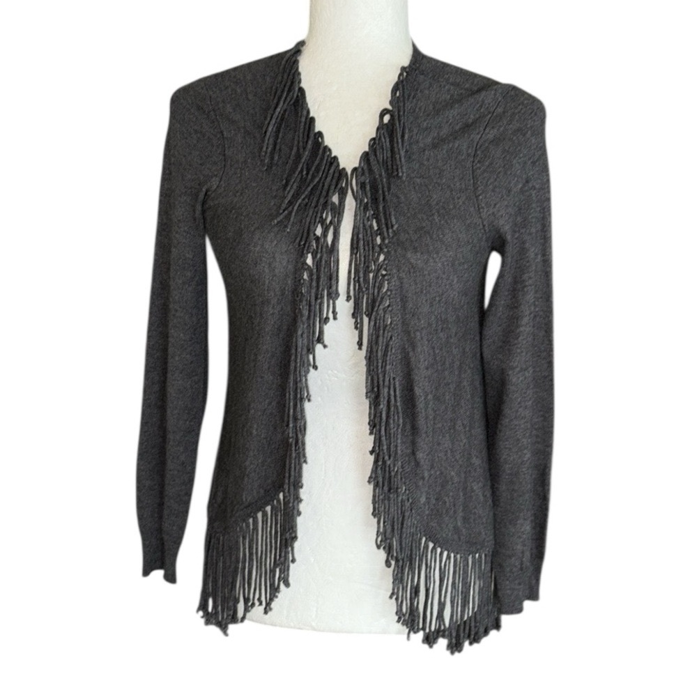 NEW Anthropologie Yoana Baraschi Charcoal Gray Fringe Knit Cardigan Sweater - S